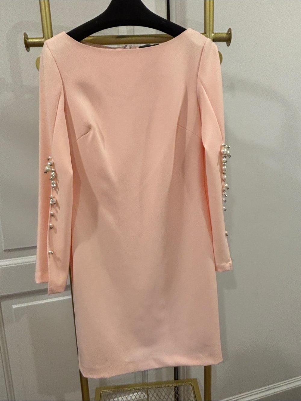 Alberto Makali Blush Pink Pearl-Embellished Long Sleeve Sheath Dress